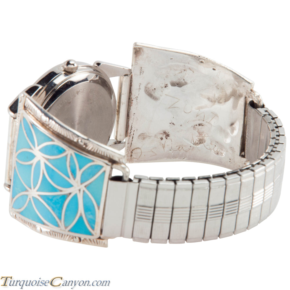 Native Zuni Turquoise Inlay Sterling Silver Watchband Tip Item #1034M- Vintage Men main image 2
