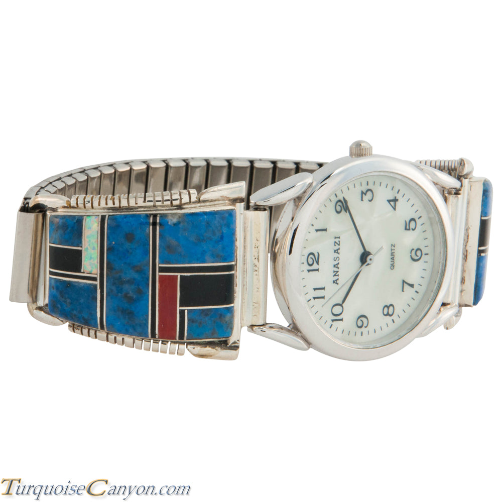 Navajo Brand Lapis And Turquoise Watch Vintage Lapis Inlay Sterling Silver Nadia Quartz Watch  main image 3