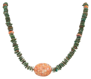Santo Domingo Kewa Pueblo Turquoise Nugget and Spiny Oyster Overlay Necklace by Betty Rodriquez SKU231214