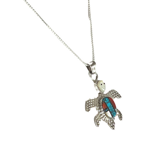 Zuni Native American Turquoise Inlay Turtle Pendant Necklace by Haloo SKU 233069