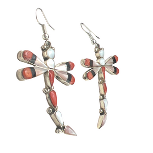 Zuni Native American Coral and Shell Dragonfly Earrings by Ahiyite  SKU232806