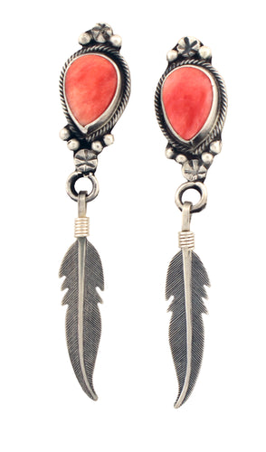 Navajo Native American Orange Shell and Feather Earrings by Chris Charley SKU233129