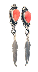 Navajo Native American Orange Shell and Feather Earrings by Chris Charley SKU233129