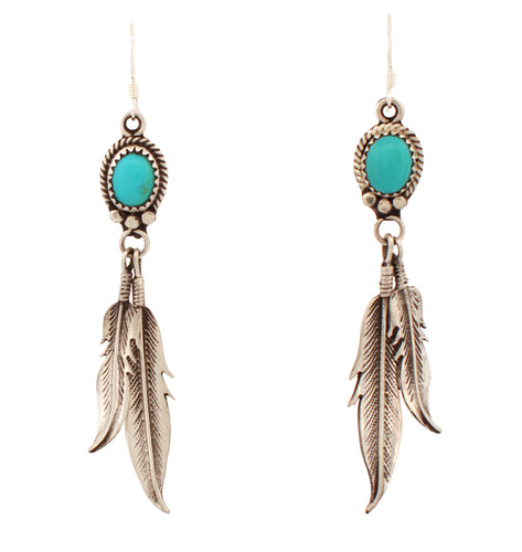 Navajo Native American Kingman Turquoise and Feather Earrings by Chris Charley SKU233130