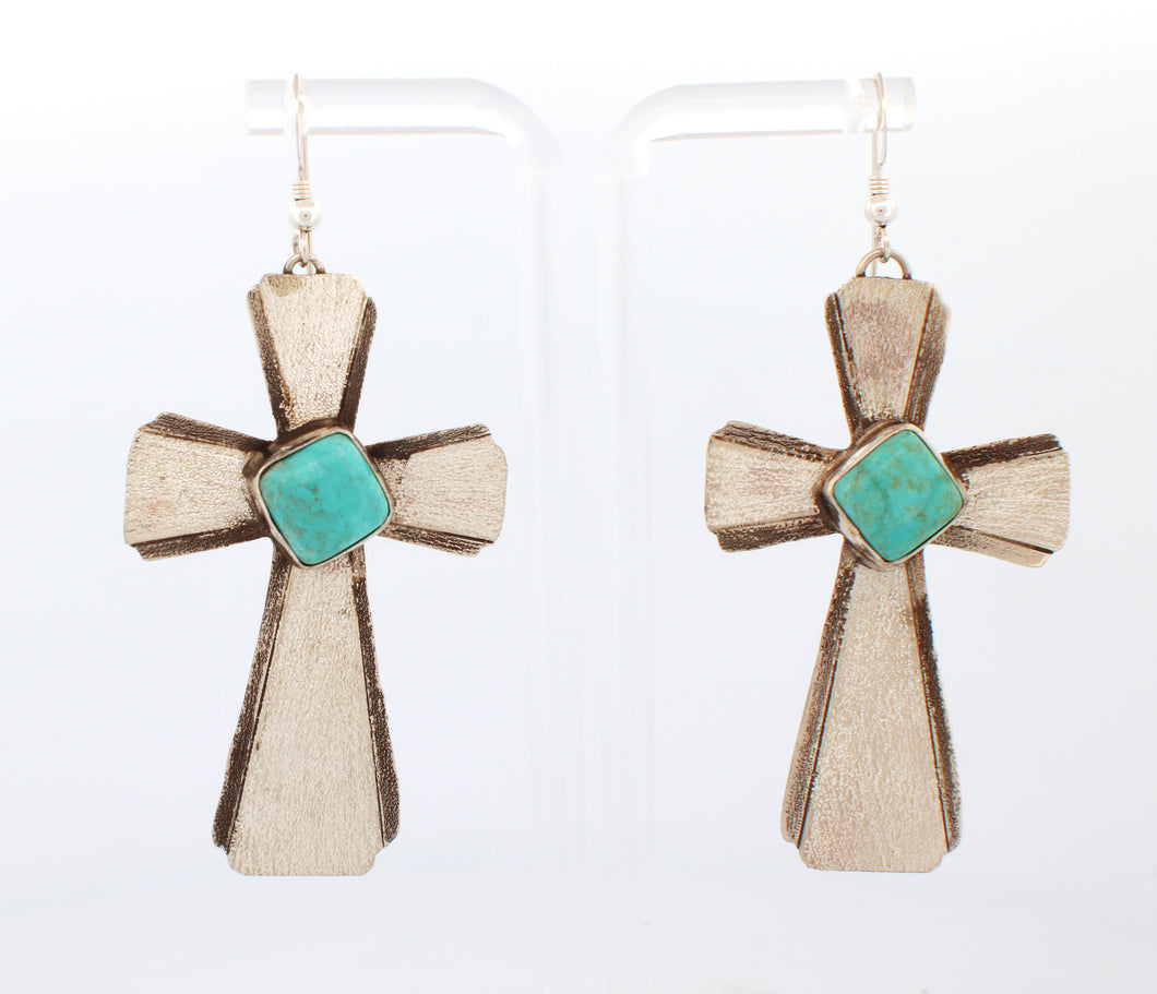 Navajo Native American Campitos Turquoise Cross Earrings by Willie SKU233141