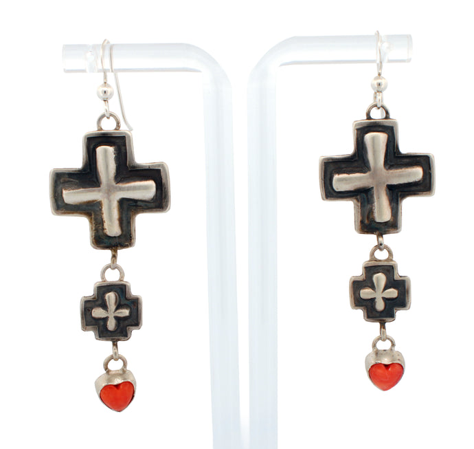 Navajo Native American Cross and Spiny Oyster Earrings by Dakota Willie SKU223143
