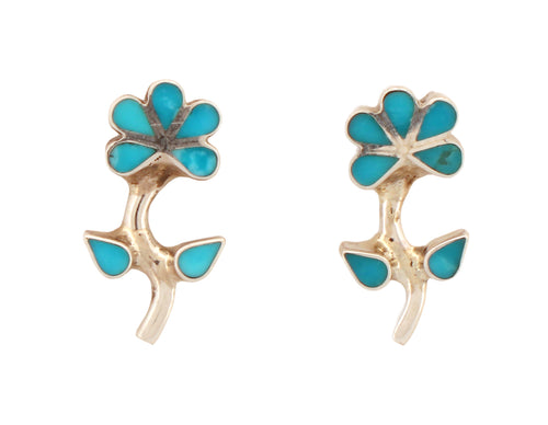 Zuni Native American Sleeing Beauty Mine Turquoise Inlay Flower Earrings SKU233152