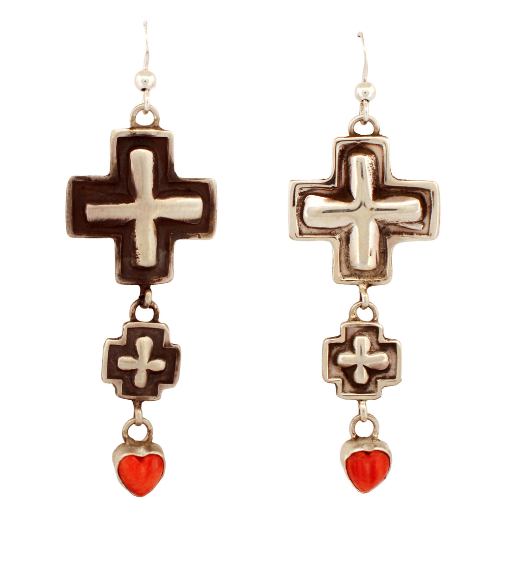 Navajo Native American Cross and Spiny Oyster Earrings by Dakota Willie SKU233157