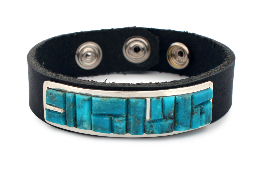 Navajo Native American Kingman Turquoise and Leather Bracelet by Yazzie SKU233174