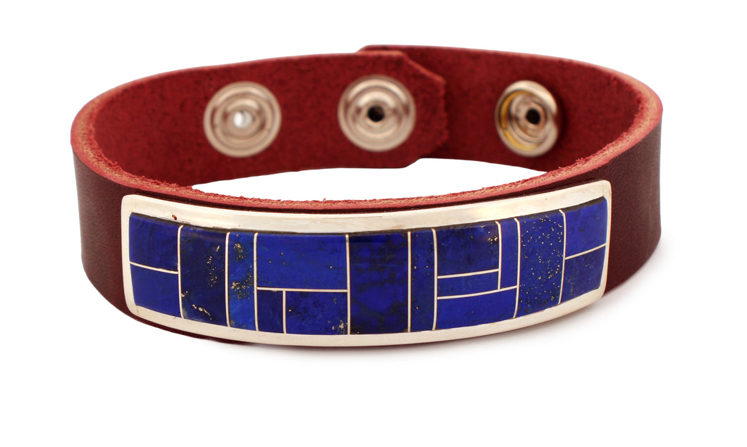 Navajo Native American Lapis Inlay Leather Bracelet by Edison Yazzie SKU233177