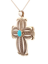 Load image into Gallery viewer, Navajo Native American Kingman Turquoise And Silver Cross Pendant SKU233180