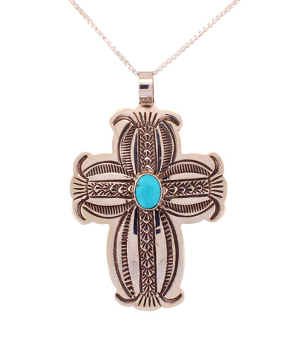 Navajo Native American Kingman Turquoise And Silver Cross Pendant SKU233180