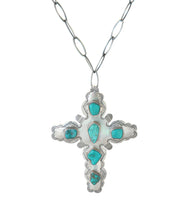 Load image into Gallery viewer, Navajo Native American Kingman Turquoise Cross Pendant Necklace    SKU233199