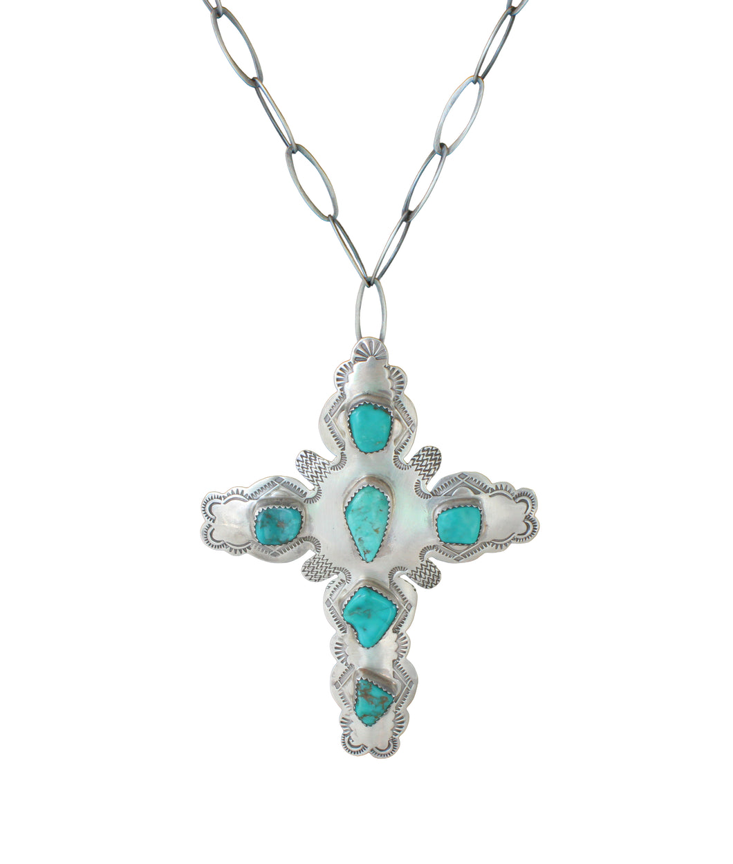 Navajo Native American Kingman Turquoise Cross Pendant Necklace    SKU233199