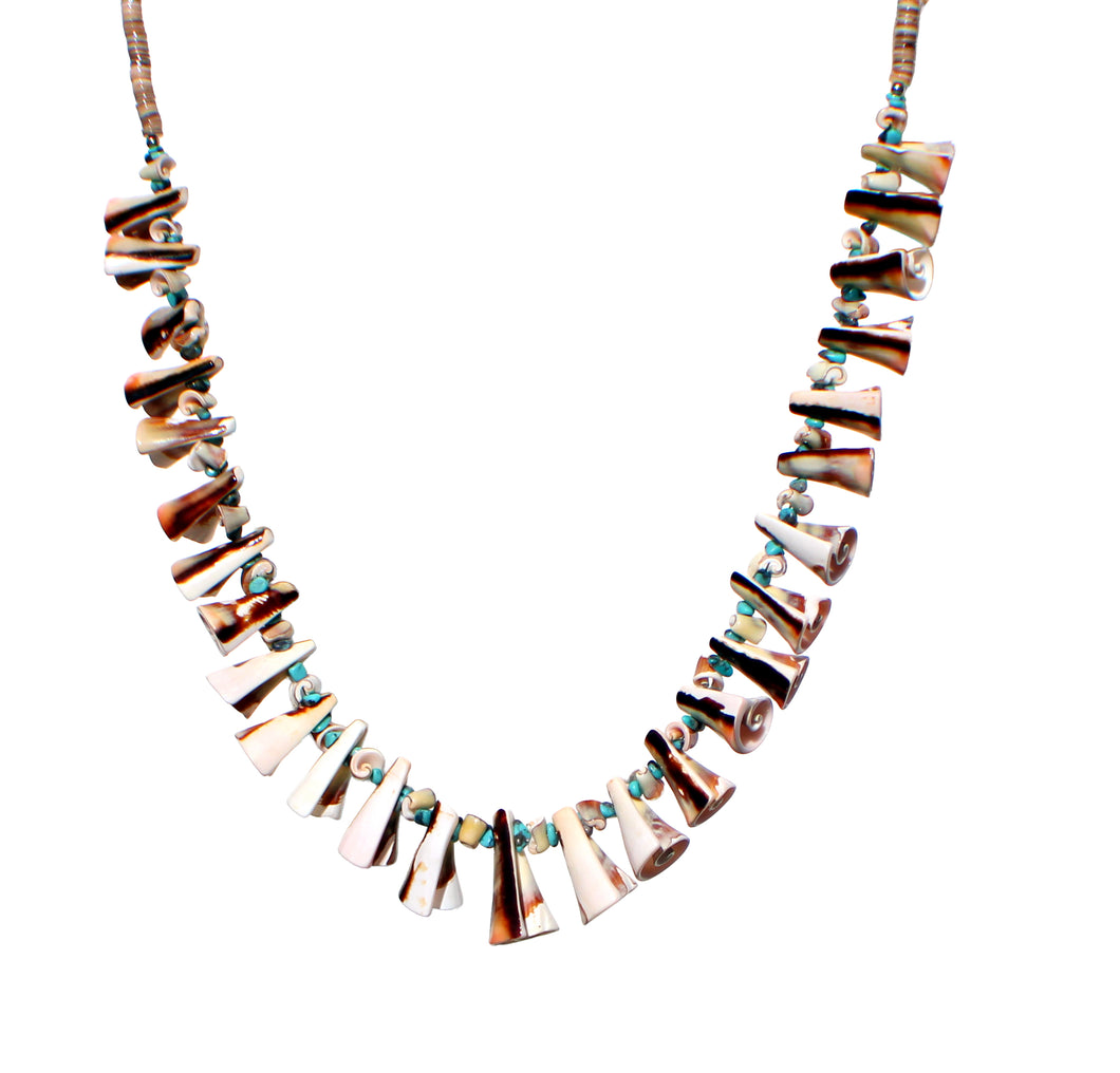 Santo Domingo Pueblo Kingman Turquoise and Valuta Shell Necklace by Bird SKU233209
