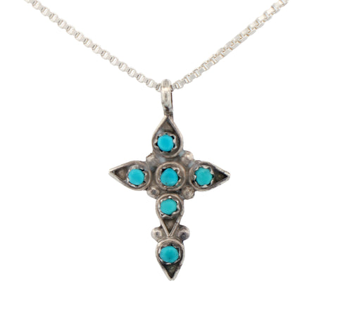 Zuni Native Amerian Kingman Turquoise Pettit Point Cross Pendant Necklace  SKU233215