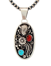 Load image into Gallery viewer, Navajo Native American Coral and Turquoise Buffalo Pendant by McCray SKU233283