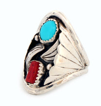 Load image into Gallery viewer, Navajo Native American Coral and Turquoise Ring Size 9 1/2 by Ronald Lee SKU233306