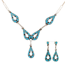 Load image into Gallery viewer, Zuni Native American Turquoise and Jet Necklace and Earring Set by Bobelu SKU233316