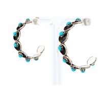 Load image into Gallery viewer, Zuni Native American Sleeping Beauty Petit Point Turquoise Hoop Earrings SKU233344