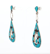 Load image into Gallery viewer, Zuni Native American Channel Inlay Turquoise Dangle Post Earrings SKU233356