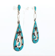 Load image into Gallery viewer, Zuni Native American Channel Inlay Turquoise Dangle Post Earrings SKU233356