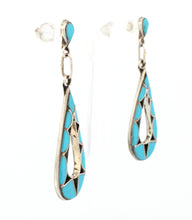 Load image into Gallery viewer, Zuni Native American Channel Inlay Turquoise Dangle Post Earrings SKU233357