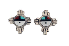 Load image into Gallery viewer, Zuni Native American Sunface Zia Turquoise Inlay Post Earrings SKU233358