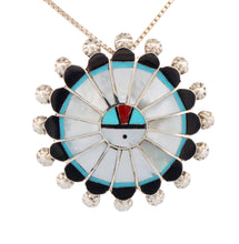 Load image into Gallery viewer, Zuni Native American Turquoise Inlay Sunface Pin and Pendant by Soseeah SKU233374