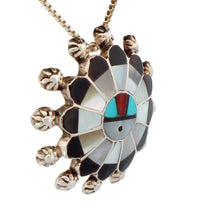 Load image into Gallery viewer, Zuni Native American Turquoise Inlay Sunface Pin and Pendant by Soseeah SKU233375