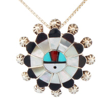 Load image into Gallery viewer, Zuni Native American Turquoise Inlay Sunface Pin and Pendant by Soseeah SKU233375