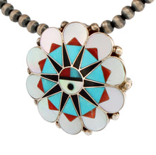 Load image into Gallery viewer, Zuni Native American Turquoise Inlay Sunface Pin and Pendant by Delwin Gasper SKU233376