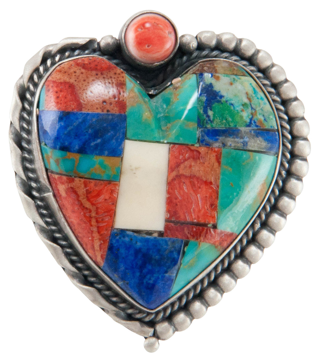Isleta Pueblo Native American Turquoise Inlay Heart Pin and Pendant SKU225232