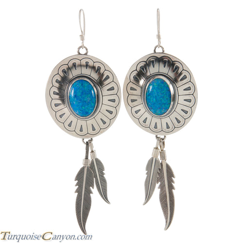 Navajo Native American Lab Opal and Silver Feather Earrings SKU226381