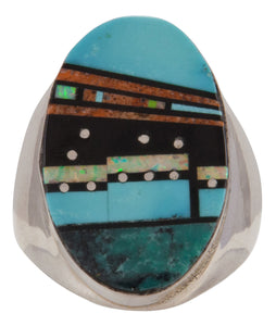 Navajo Native American Turquoise Pueblo Inlay Ring Size 10 3/4 SKU228114