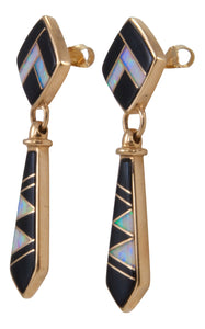 Navajo Native American Onyx and Lab Opal 14K Yellow Gold Earrings SKU229106
