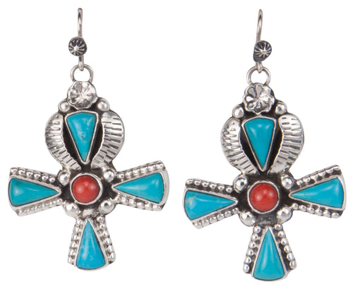 Navajo Native American Sleeping Beauty Turquoise and Coral Earrings SKU229920