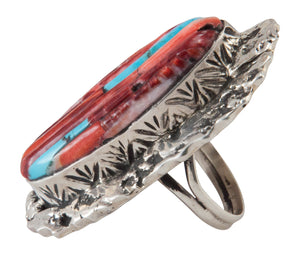 Navajo Native American Turquoise and Orange Shell Ring Size 9 SKU230492