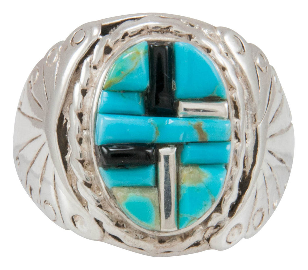 Navajo Native American Turquoise and Jet Inlay Ring Size 11 by Dawes SKU230876