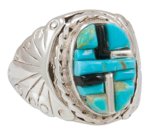 Navajo Native American Turquoise and Jet Inlay Ring Size 11 by Dawes SKU230876