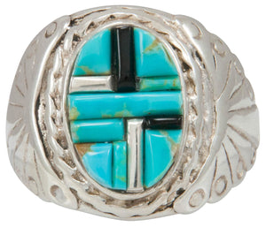 Navajo Native American Turquoise and Jet Inlay Ring Size 11 by Dawes SKU230877