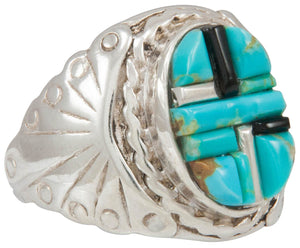 Navajo Native American Turquoise and Jet Inlay Ring Size 11 by Dawes SKU230877