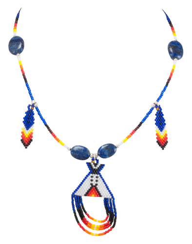 Navajo Native American Seed Bead and Lapis Teepee Necklace by Charlotte Begay SKU231172