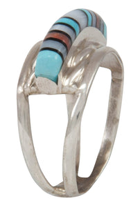 Zuni Native American Turquoise, Jet and Shell Inlay Ring Size 6 1/4 SKU231222