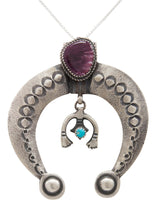 Load image into Gallery viewer, Navajo Native American Turquoise and Purple Shell Naja Pendant Necklace by Mike Charley SKU231375