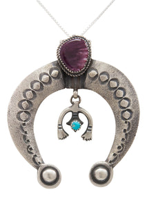 Navajo Native American Turquoise and Purple Shell Naja Pendant Necklace by Mike Charley SKU231375