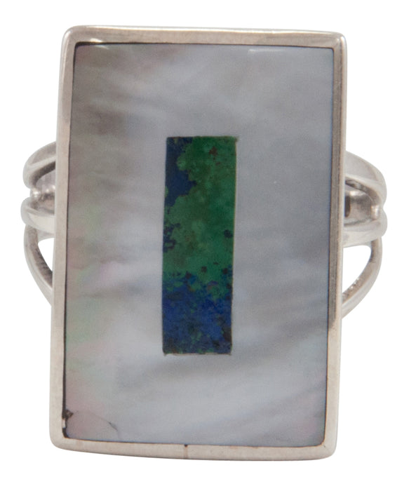 Zuni Native American Mother of Pearl and Turquoise Inlay Ring Size 7 1/4 by Harlan Coonsis SKU231692