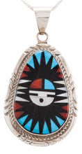 Load image into Gallery viewer, Zuni Native American Turquoise and Coral Inlay Sunface Pendant Necklace by Lamy SKU231826