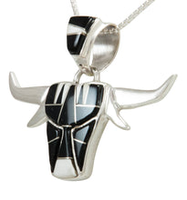 Load image into Gallery viewer, Navajo Native American White Agate and Jet Steer Head Pendant Necklace by Calvin Begay SKU231908