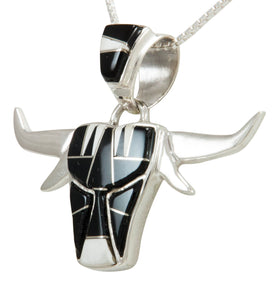 Navajo Native American White Agate and Jet Steer Head Pendant Necklace by Calvin Begay SKU231908